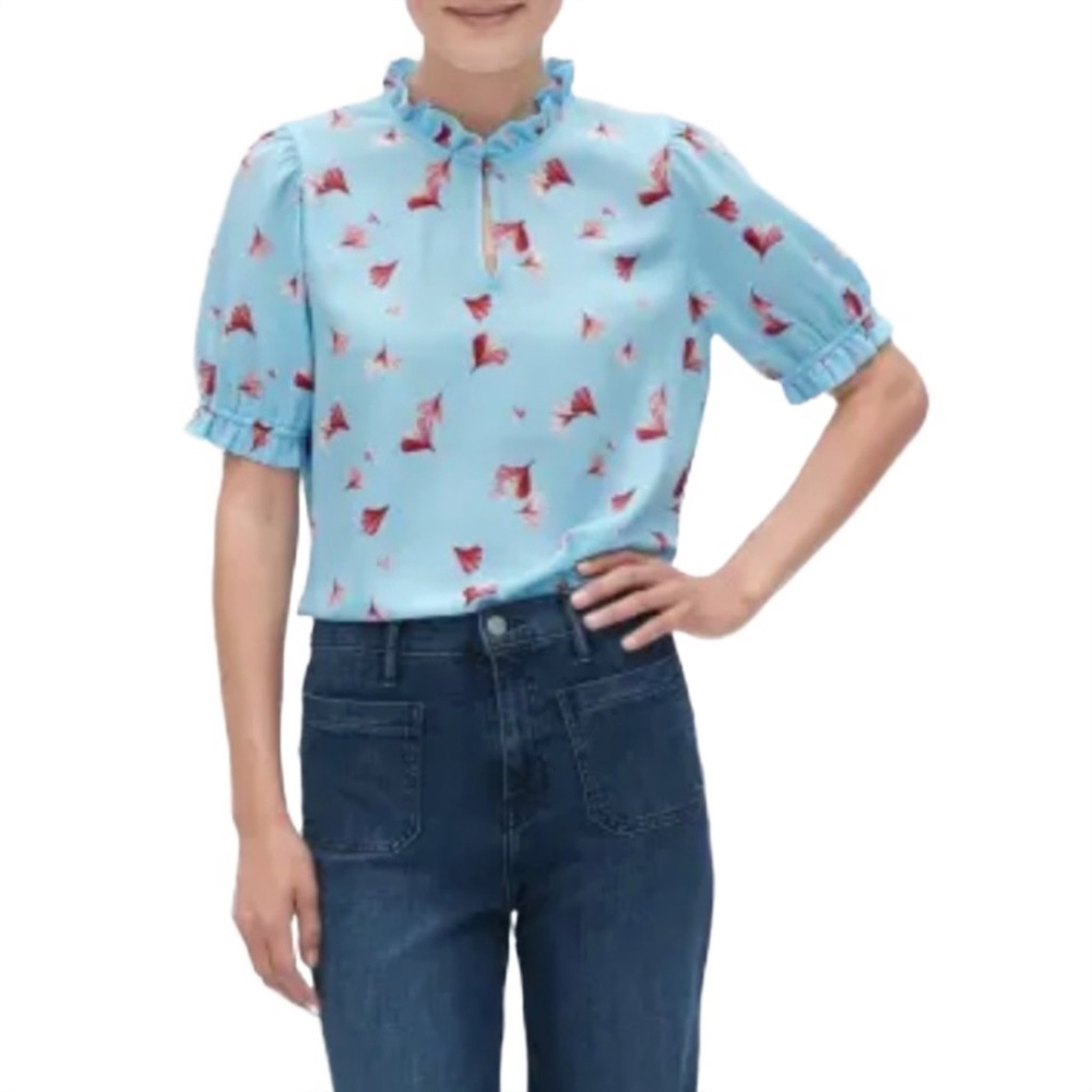 Banana Republic Blue and Red Blouse with Peter‎ Pan Ruffle Collar Size L